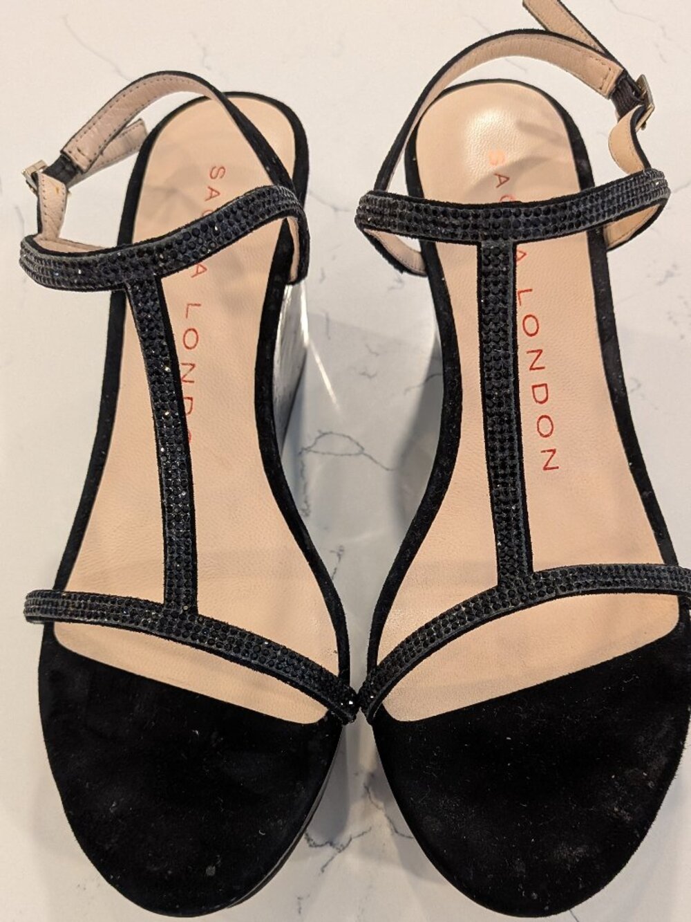 Size 8.5 Sacha London Black Patent Leather Wedge Crystal Platform Sandals Shoe